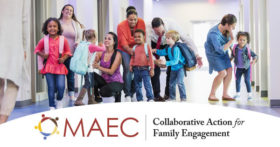 group of children with their parents and MAEC Collaborative Action for Family Engagement