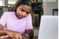 Girl typing on computer with logo of Institute of Educational Sciences in corner