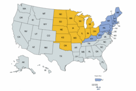 map of United States with region I states in blue and region III states in yellow